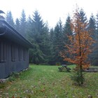 Pohled na zadní stranu chatky a ohniště